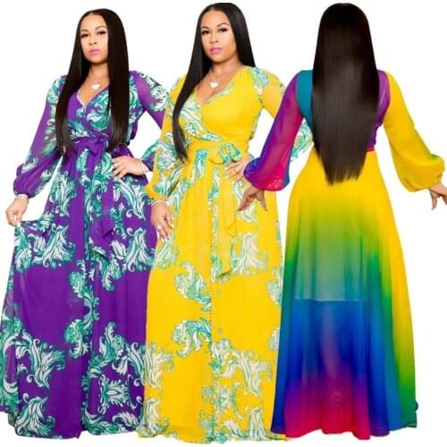 Womens Chiffon Dress Flower Print V-neck Beach Large Size Long Dress S-5XL Elegant Ladies Casual Loose Dress