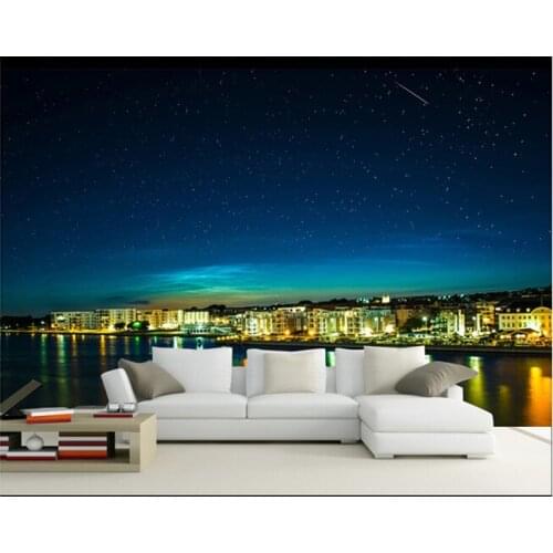 The latest 3D murals,3D Overlooking the beach at night, living room TV sofa bedroom background wall paper