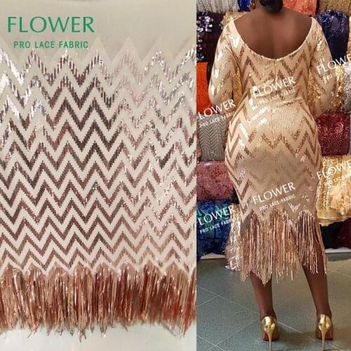 Gold Color Tassel Sequins Net Lace Fabric With Elasticity 2020 High Quality Unique Prom Dresses Laces Mesh Tull Wedding Fabrics