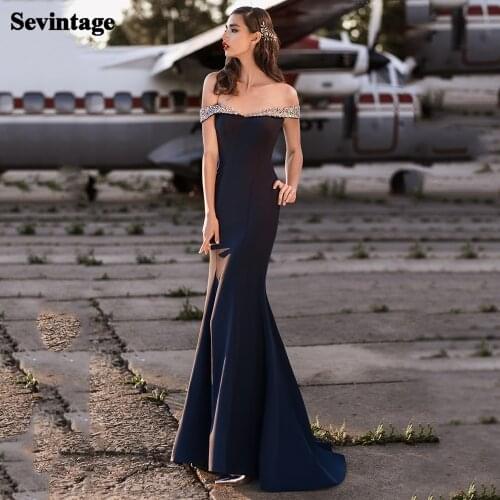 Sevintage Black Mermaid Prom Dress Sequined Beaded Evening Gowns Off Shoulder Elastic Satin Special Occasion Dresses Custom Made
