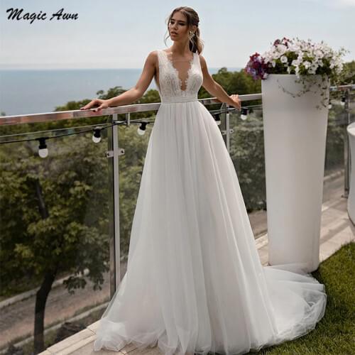 Magic Awn Bohemian Wedding Dresses Lace Appliques Backless Illusion Beach A-Line Pricness Wedding Party Gowns Rove Mariee