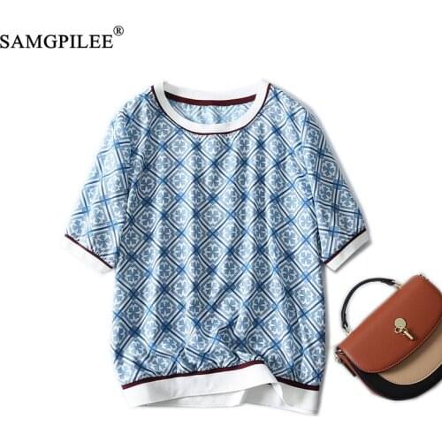 Elegant Light Blue Geometric Pattern Loose Chiffon T Shirt Oversized O Neck Short Sleeve Women T-shirts Summer 2021 Plus Size