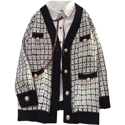Sweater Jacket 2020 Women Oversized Knitted Cardigans Loose Plaid Jumpers Korean Clothing Robe Long Elegnat Female Coat