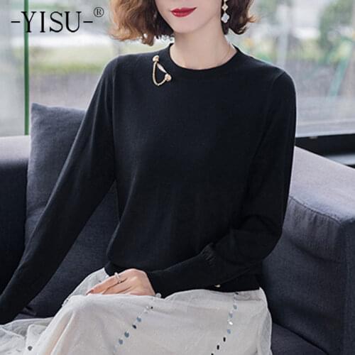 YISU 2021 Spring Women Sweater Lapel Spring tops Wool Long sleeve Female Jumper Fashion Casual Loose All-match Knitted pullover