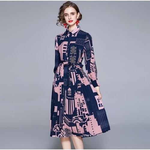 Runway Fashion Spring Summer Women Party Dress Long Sleeve Vintage Elegant Flower Print Belt Midi Shirt Dress K3932