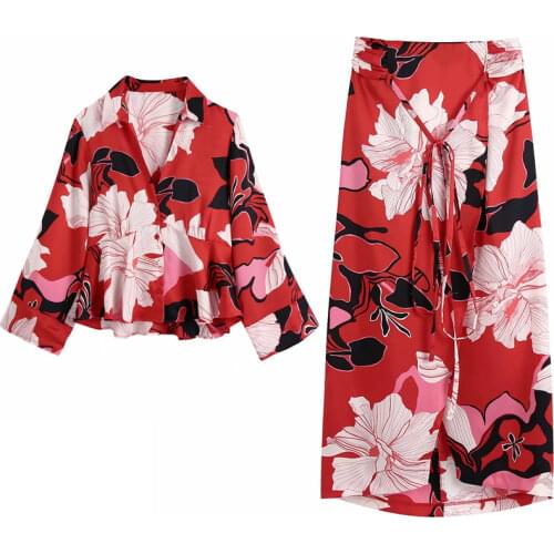 Za Women New Summer Retro Print Simple Style Loose Sleeve V Neck Shirt And High Waist Lace Up Skirt Casual Chic Sets XITIMEAO