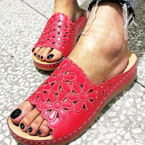Women Floral Wedges Platform Slippers Ladies Hollow Out Breathable Shoes Female Casual Sewing Slides Woman Footwear Big Size