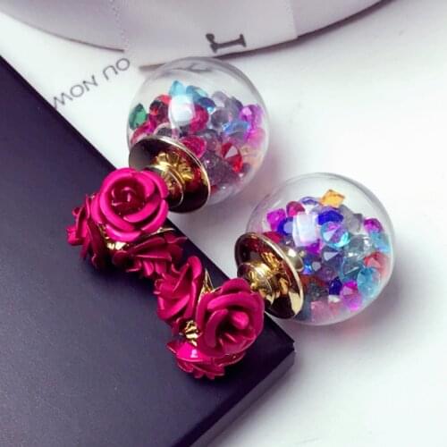 Three Rose Flowers Glass Ball Double Sides Stud Earrings For Women Filled Zircon Crystal Girls Fashion Elegant Jewelry