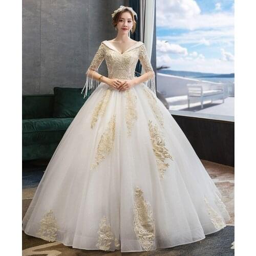 Sexy With Beads in Bust Tassel Appliques Lace V-Neck Wedding Dresses 2021 New Luxury Ball Gown Wedding Dress Vestido De Noiva