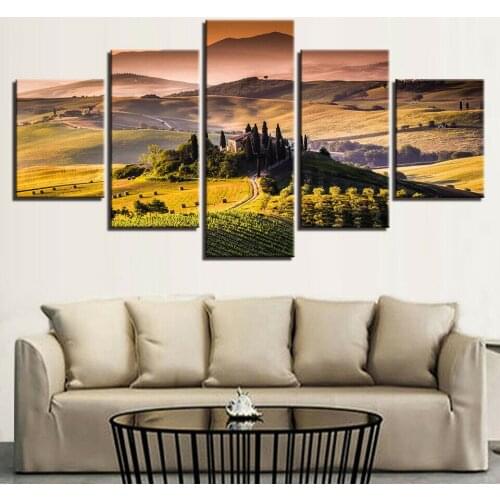 Castle Pastoral Sunset Nature 5 Panel Canvas Picture Print Wall Art Canvas Painting Wall Decor for Living Room Poster No Framed