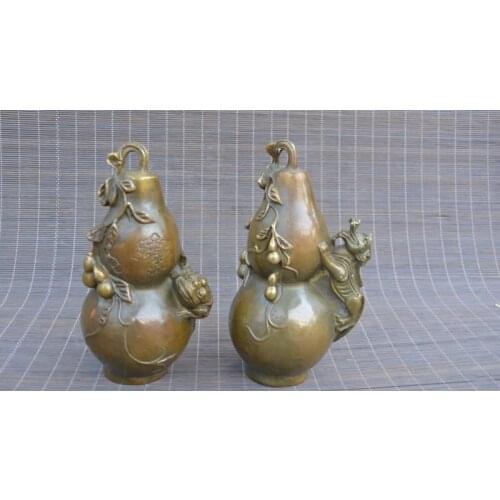 Antique Old QinDyansty copper Gourd & Beast statue,A Pair, bring good luck, get rid of evil,Free shipping