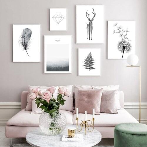 Black And White Deer Dandelion Nordic Decorative Canvas Painting Wall Pictures For Living Room Decoration