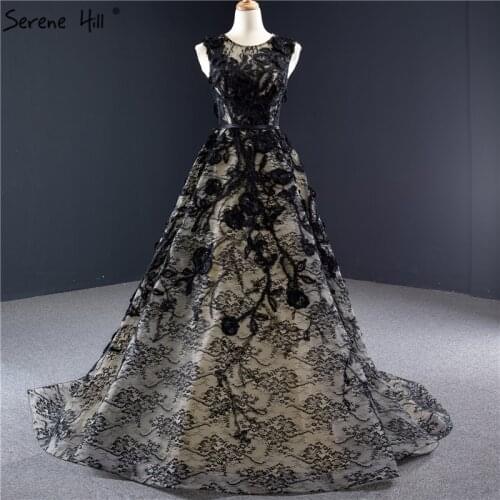 Black O-Neck Sleeveless Lace Evening Dresses 2020 A-Line Handmade Flowers Formal Evening Gowns Serene Hill HM67030