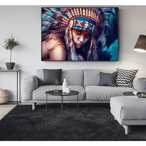 Indian Body Art Canvas Painting Girl With Feather Colorful Pop Art Wall Art Pictures for Living Room Home Decor (No Frame)
