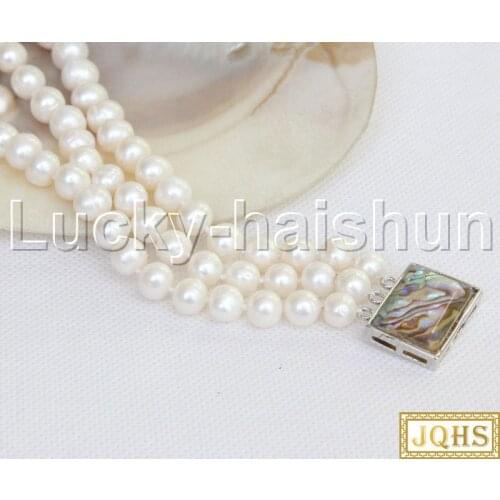 JQHS natural 8" 8mm 3row round white freshwater pearls Beaded Strand knotted bracelet abalone clasp j11964