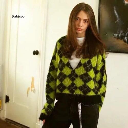 Women Street Cool Girls Green Plaid Cardigan Coat Oversized Fluffy Knitted Autumn Winter Harajuku Crop Knitwear
