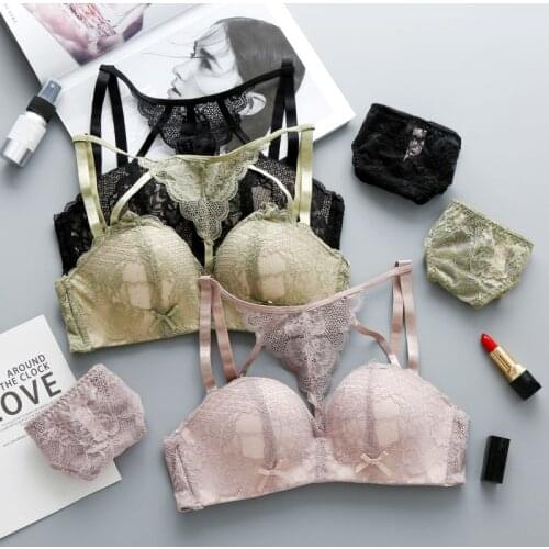 Mesh Push Up Padded Bras Set Women Lace Floral Embroidered Bras Set Sexy Lace Hollow Seamless Bra