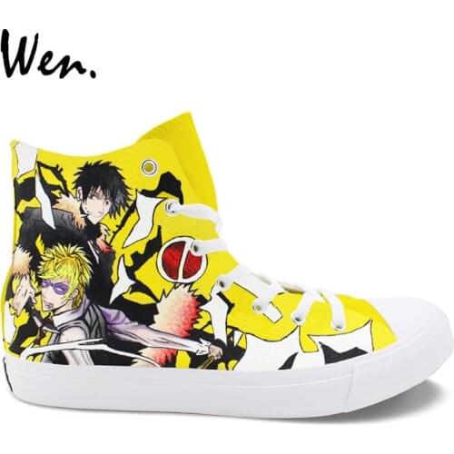 Wen Adult Unisex Sneakers Anime Design Durarara Hand Painted Shoes Yellow High Top Canvas Athletic Shoes for Woman Man Gift