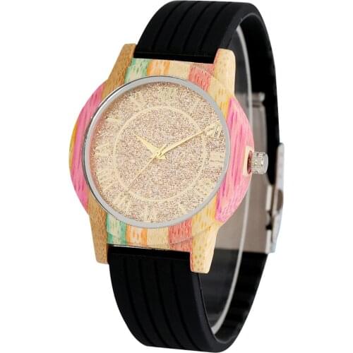 Mens Wood Quartz Watch Bright Gold Roman Number Clock Male Wristwatch Colorful Bamboo Wooden Watches Silicone Band Nice Gifts