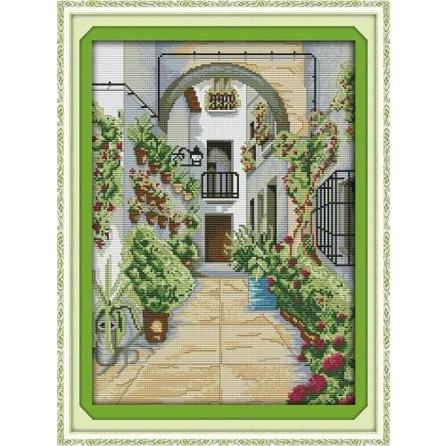 The doorway cross stitch kit flower garden building 14ct Pattern printed DMC embroidery handmade needlework craft supplies