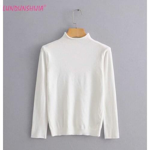 LUNDUNSHIJIA 2019 New Arrival Spring Autumn Women White Knitting Turtleneck Tops Ladies Fashion Short Slim T-shirts For Women