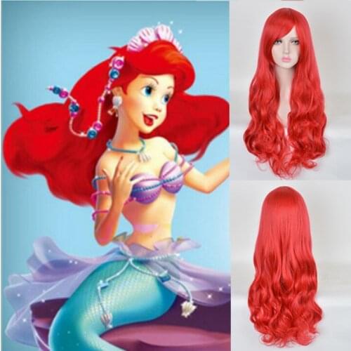 70cm Anime The Little Mermaid Princess Ariel Cosplay Wig Halloween Play Wig Party Stage Synthetic Red Wavy Hair