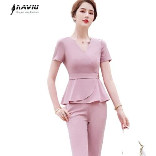 Pink Suits Women Short Sleeve Summer New High End Fashion Formal Business Slim Blazer And Pants Office Ladies Work Wear