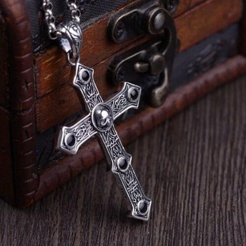 Religious Cross Skull Pendant 925 Sterling Silver Male With Natural Onyx Stone Retro Punk Prayer Jewelry Ametist