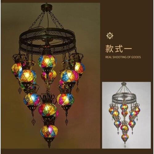 Vintage Turkish Chandeliers E27 Colorful Handmade Glass Lampshade Industrial Suspension 1/7 Heads Chandelier for the Living Room