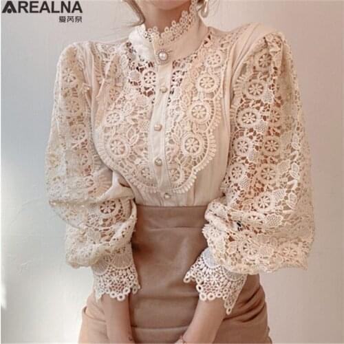 Chic Hollow Out Floral Embroidery Lace Patchwork Shirt Stand Collar Button All-match Femme Blusas Petal Sleeve Women Blouses