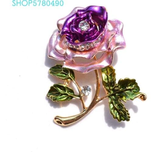 Rhistone Rose Brooch for Women Gold Color Brooch Purple Painted Alloy Breast Pin Garments Ladies Coat Accessory Classic Jewelry
