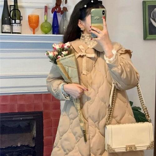 Retro Girly bow-knot cotton-padded Jacket Winter New Sweet And age-reducing Small Thick mid-length Padded Jacket