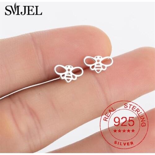 Female Earrings Trendy 100% 925 Sterling Silver Jewelry Hollow Bee Stud Earrings For Women Flower Bee Asymmetric Earrings Gifts
