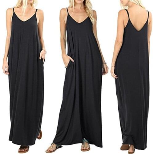Sexy Women Maxi Dress with Pockets Loose Sling Dress Female Summer Sleeveless V-neck Vest Long Women Dresses Vestidos New