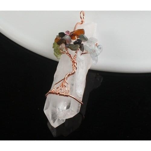100-Unique 1 Pcs Rose Gold Color Irregular Shape Natural Rock Crystal Wire Wraped Mixed Stone Pendant Fashion Jewelry