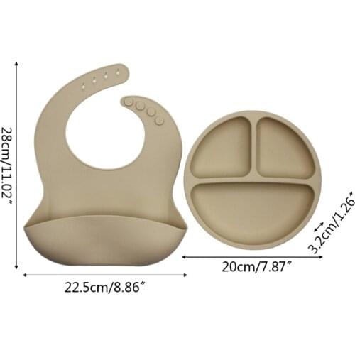 2 Pcs Baby Bib+Divided Dinner Plate Set Newborn Infants Silicone Feeding Bowl