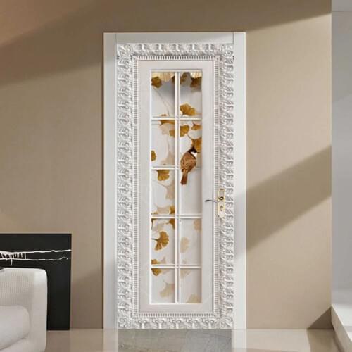 3D Door Sticker European Style Window Flowers And Birds Photo Wallpaper Living Room Bedroom PVC Self-Adhesive Waterproof Sticker