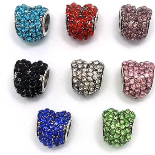 Free Shipping 20pcs 11mm new style antique silver plated alloy heart beads rhinestone charms fit European bracelet charms DIY