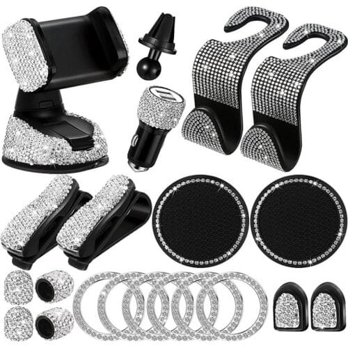 20Pcs Shiny Set Car Phone Holder USB Charger Tire Valve Stem Cover Ignition Ring Auto Coaster Seat Hook Sun Visor Glasses Frame