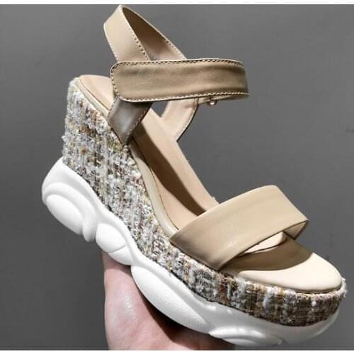 Dipsloot Fashion Girls White Nude Cow Leather Hook Loop 10 CM Wedge Sandals Woman Simple Open Toe Platform One Line Casual Shoes