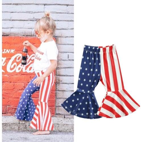 Baby Girls Independence Day Flare Pants American Flag Print Elastic Waist Bright Colors Kids Pants Summer Clothing