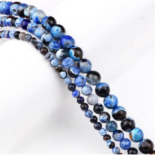 Cyan Gold 8/6/4mm Loose Beads DIY Blue Smooth Fire Agates Natural Stone For Handmade Bracelets Necklace Jewelry Making Accessory