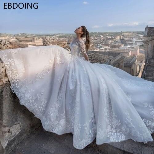 EBDOING Dream Lace Ball Gown Wedding Dress Scoop Neckline Vestidos De Novia Long Newest Plus Size Wedding Gown Bride Dress