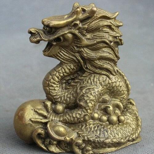 China Feng Shui Brass Copper Wealth YuanBao Coin Year Zodiac Dragon Loong Statue