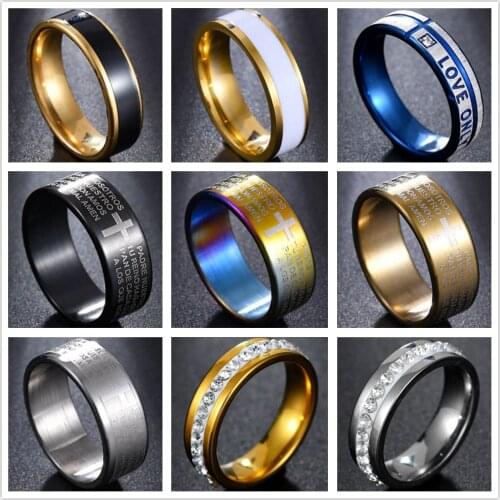 Classic Stainless Steel Black Color Jesus Cross Ring Letter Bible Prayer Finger Rings For Men 8mm Amulet Jewelry