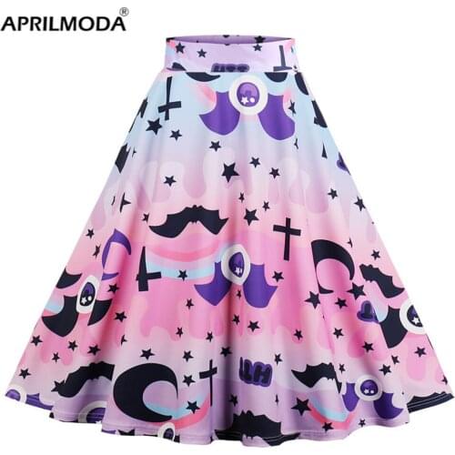 Summer Gothic Style Women Midi Skater Skirts Halloween Pattern A Line Print Midi Female Runway Skirt Christmas for Party