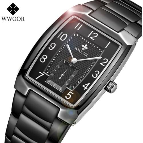 New WWOOR Luxury Brand Women Quartz Watches Fashion Square Black Ladies Dress Bracelet Clock Female Arabic Design Wristwatch Box