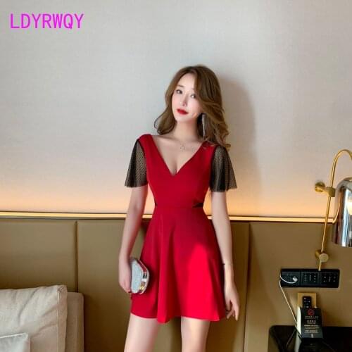 LDYRWQY Dress female summer sexy short-sleeved deep V-neck waistless slimming ladies temperament evening womens clothing