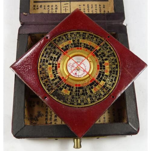 Handwork old china wood usable compass with box paint dragon phoenix Boxes metal handicraft