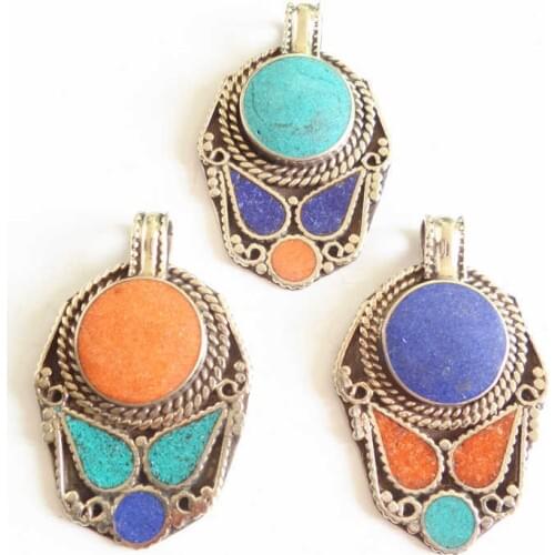 TBP488 Indian White Metal Copper Inlaid Colorful Stone Flower Pendants Multi Colors